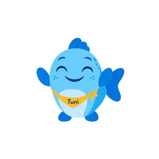 Tuni, el personaje guía de Mundo Tuni — un bebé atún ilustrado con bandana amarilla